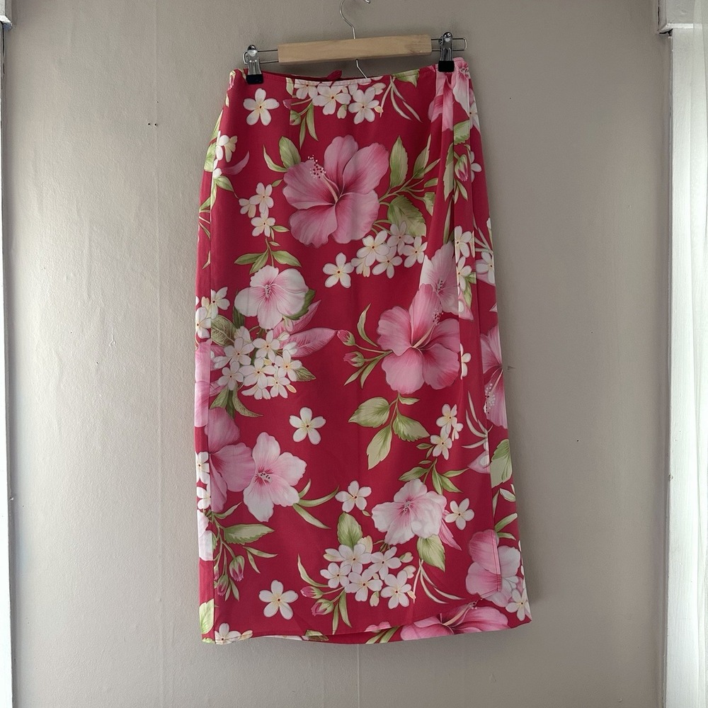 VTG Talbots Petites Womens Silk Skirt Size 10 Pink Hawaiian Hibiscus Wrap Resort